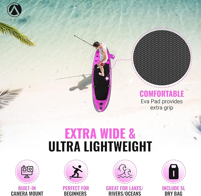 Crew Axel Inflatable Paddle Board 10’33’6” Extra Wide & Lightweight (18lb) Paddle Board – Premium SUP Set Includes 2 Bags, Floating Paddle, Camera Mount, 3 Fins, Dual Pump Kit