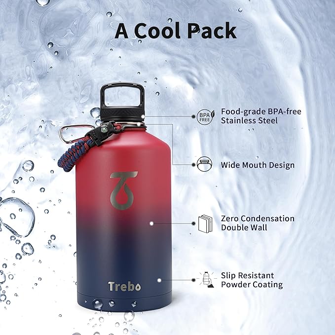 Trebo 1 Gallon Water Bottle Insulated with Paracord Handle and Straw,128oz Vacuum Double Wall Stainless Steel Large Jug,Keep Ice Cold 48hrs, Leakproof Sports Gym Flask for Men Women, Ruby Red