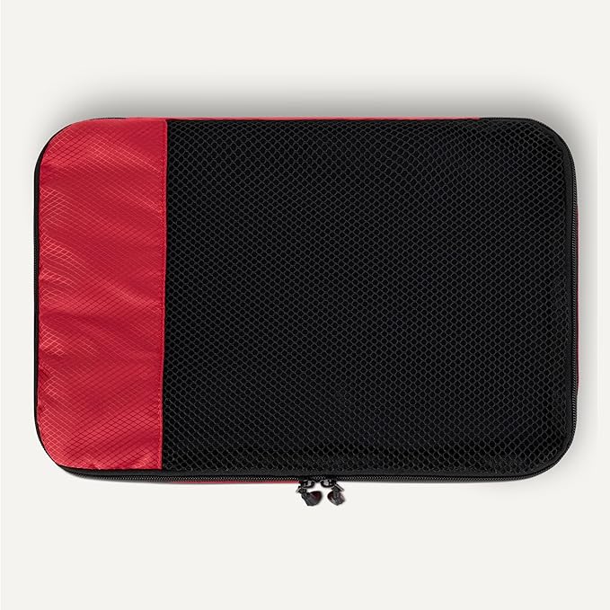 Amazon Essentials 4-Piece Packing Cubes Travel Accessories Set, Luggage Organizer with Double Zipper, Mesh Top, 100% Polyester, Medium, Red (Previously Amazon Basics)