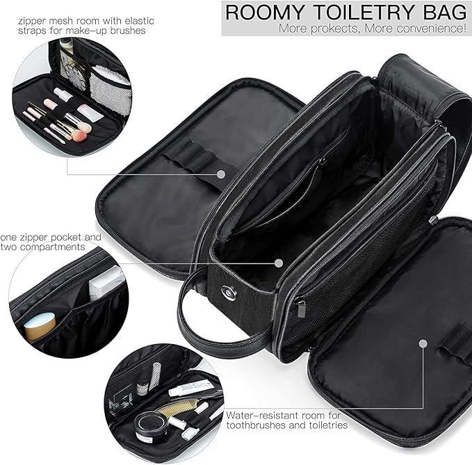 Elviros Toiletry Bag for Men, Large Travel Shaving Dopp Kit Water-resistant Bathroom Toiletries Organizer PU Leather Cosmetic Bags Fathers Day Gift(Medium, Black)