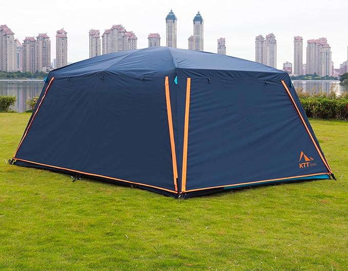 KTT Extra Large Tent 12 Person,Awning Family Cabin Tents,2 Rooms,3 Doors and 3 Windows with Mesh,Straight Wall,Waterproof,Double Layer,Big Tent for Outdoor,Picnic,Camping,Family Gathering