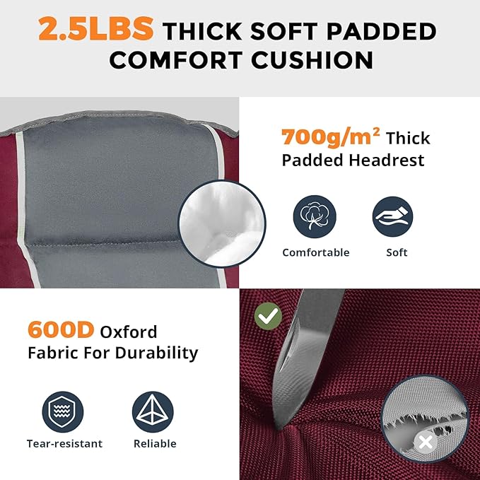 Oversized Camping Chair for Large Adults Heavy Duty 400 lbs Capacity, Comfortable Padded Folding Lawn Chair with Back & Headrest Support and Cup Holder, Portable Outdoor Chair with Carry Bag