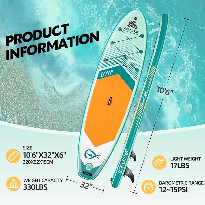 InnoExpo Inflatable Stand Up Paddle Boards with Premium Accessories, Wide Stable SUP Paddle Board Design, Non-Slip Comfort Deck for Youth & Adults