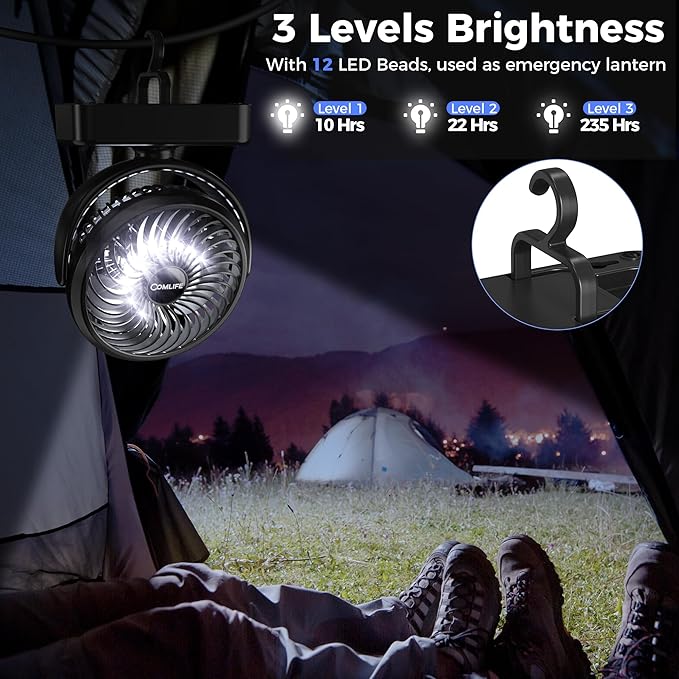Camping Fan with LED Lantern - Rechargeable Battery Operated Fan, 35H Run Time Max, 3 Speeds, Portable Desk Fan with Hook for Tent Car RV Outdoor Emergency Outage Hurricane