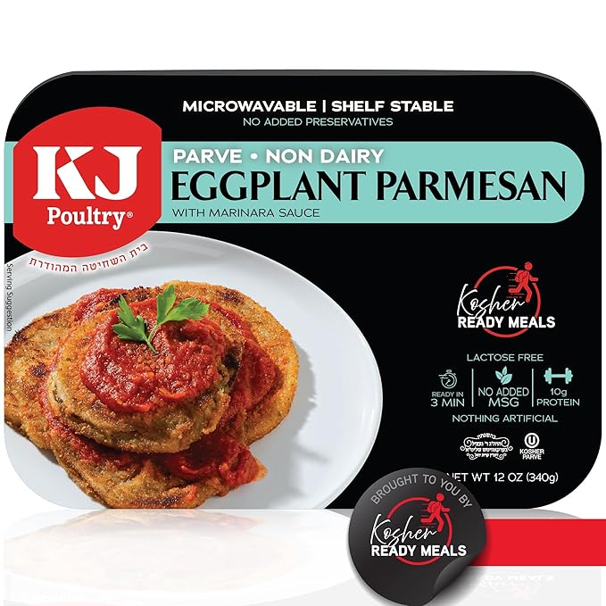KJ Poultry Kosher Parve Ready Meals - Eggplant Parmesan, MRE Meals Ready to Eat, Halal, (1 Pack) Prepared Entree Fully Cooked, Shelf Stable Microwave Dinner Travel, Military, Camping, Emergency