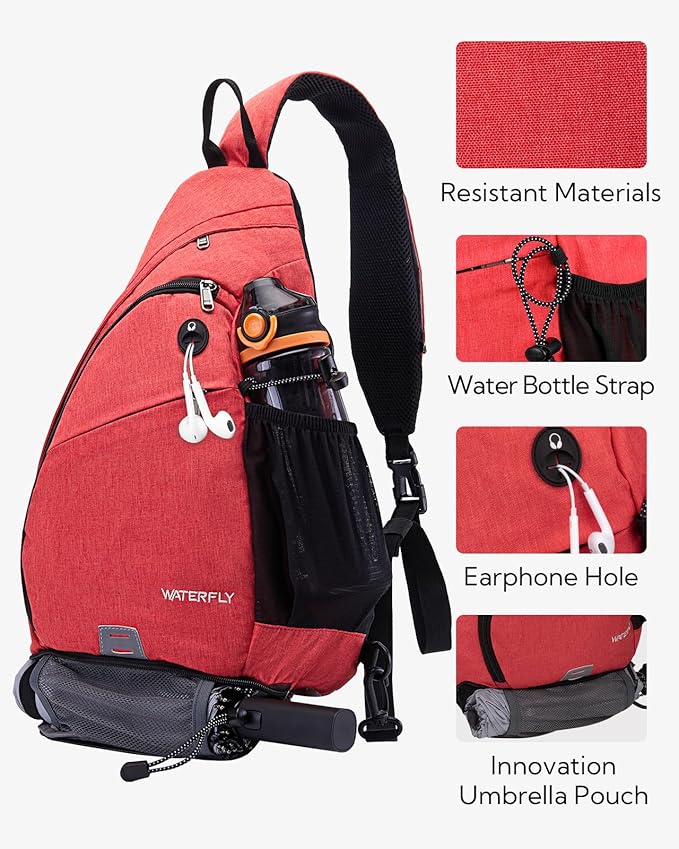 WATERFLY Sling Bag Crossbody Backpack: Over Shoulder Daypack Casual Cross Chest Side Pack (Large, Red)