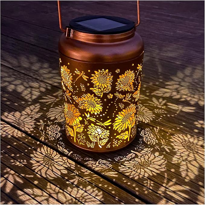 Solar Lanterns for Outside,Sunflower and Dragonfly Garden Decor Lights,Waterproof Solar Powered Hanging Lantern for Patio,Yard,Porch, Birthday Gifts for Women,Mom,Grandma,Housewarming