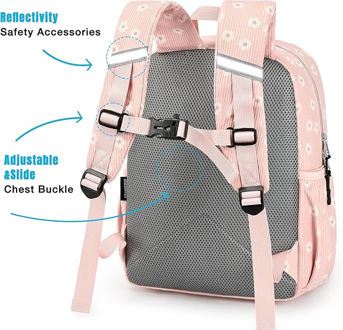 STEAMEDBUN Corduroy Kids Backpack for Girls Boys 3-8, Girls Backpack for Elementary Kindergarten - Pink Sakura