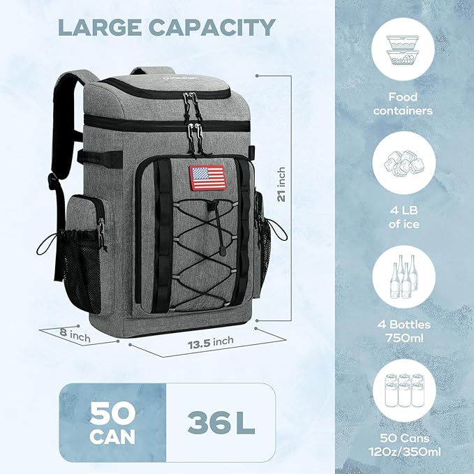 Maelstrom Backpack Cooler,Soft Lightweight Leakproof Cooler Backpack,50 Can Insulated Cooler Bag,Keeps 50 Cans Hot/Cold for Up to 16 Hours,Waterproof Lunch Backpack for Men Women-Grey