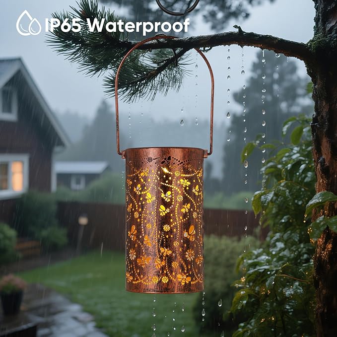 Homemory Bee Solar Lanterns Lights Outdoor Waterproof, Hollowed-Out Metal Decor Lantern, Gifts for Women, LED Solar Lights Metal Decoration Outside for Yard, Patio, Backyard, Porch, Lawn