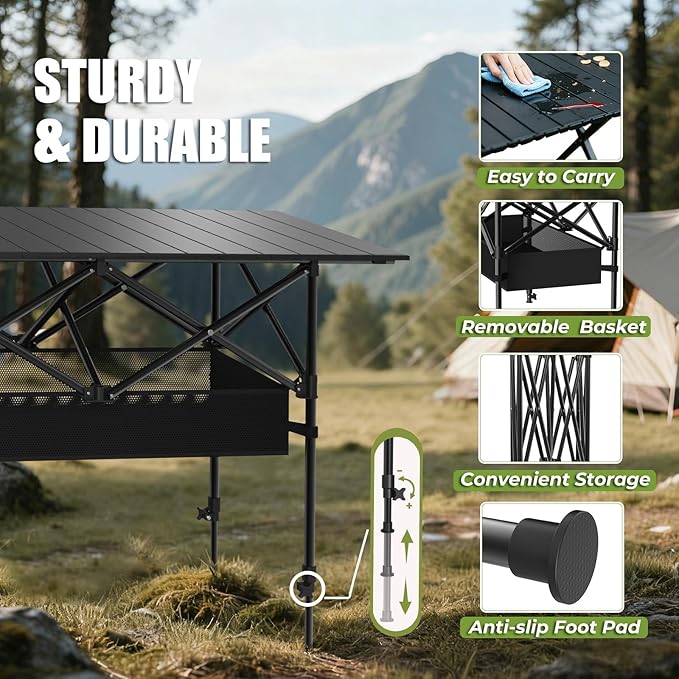 Camping Table Portable, Folding Roll-Up Picnic Table with Carry Bag & Detachable Storage Pockets, Lightweight Outdoor Table for Camping, Beach, Backyard, Party, BBQ, Patio