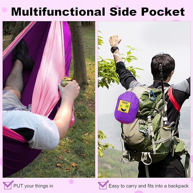 SZHLUX Camping Hammock Double & Single Portable Hammocks with 2 Tree Straps, Great for Hiking,Backpacking,Hunting,Outdoor,Beach,Camping,Purple / Pink