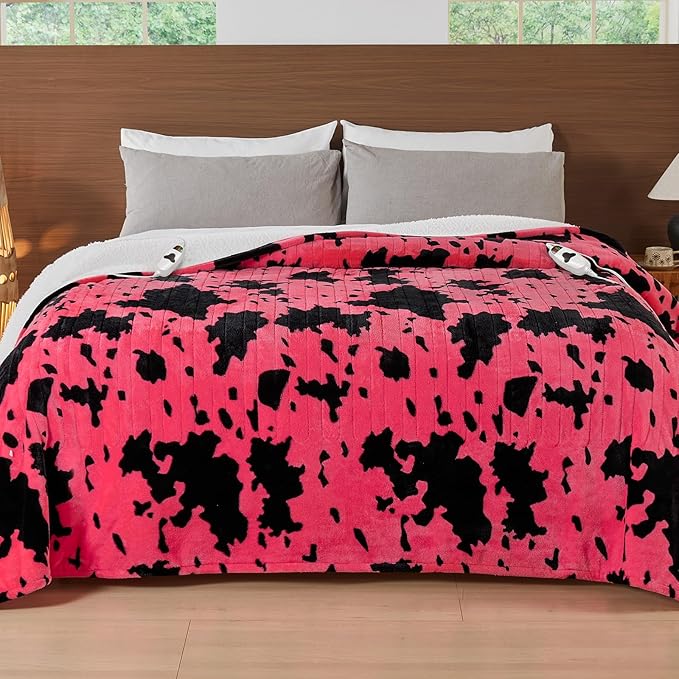 Cow Print Electric Heated Blanket King Size,90X100 Pink Heating Blanket King With Dual Control&Timer&10 Heat Levels,Highland Cow Decor Fleece Sherpa Blankets Warmer Gifts for Bed Women Adults,ETL