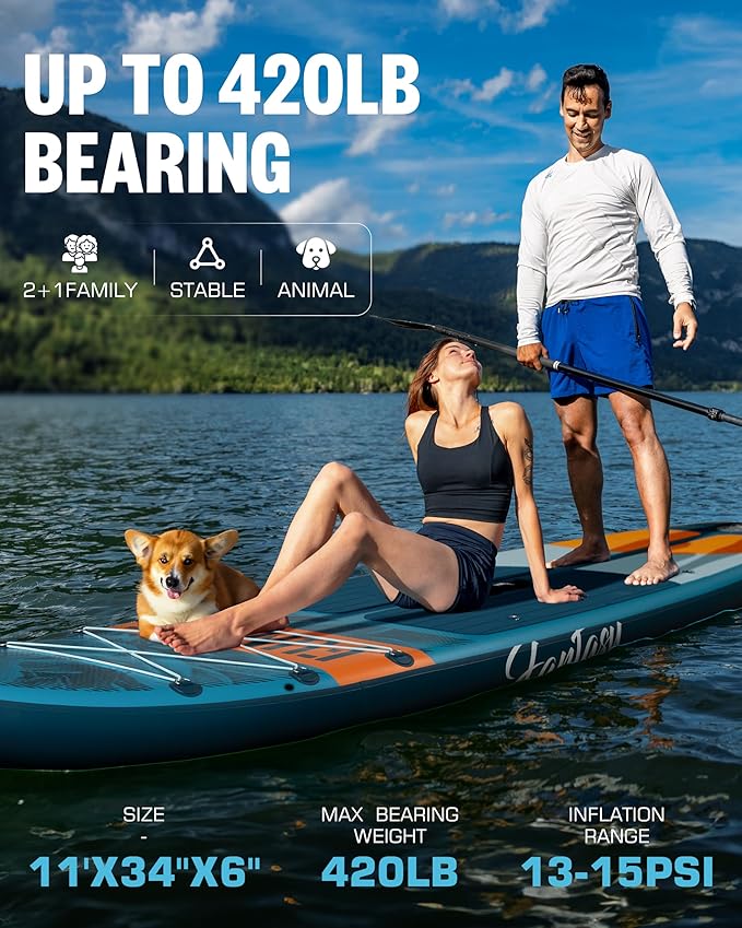 11’×34"×6" Extra Wide Inflatable Stand Up Paddle Board, Sup Board with Removable Fins, Backpack, Floating Paddle, Safety Leash, Floating Phone Case for Adults & Youth of All Skill Levels