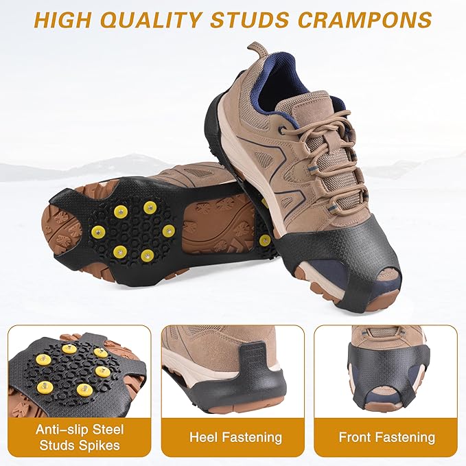 Ice Cleats Snow Traction Cleats for Shoes and Boots,10-Studs Anti-Slip Ice Grippers Rubber Crampons Cleats for Walking on Snow and Ice Slip-on Stretch Overshoe Footwear
