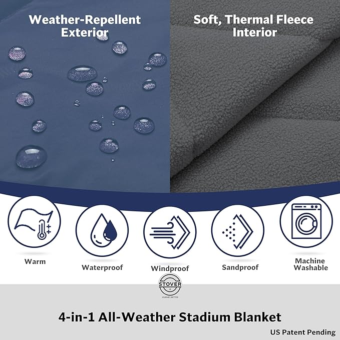 STOVER Waterproof Stadium Blanket – Portable Outdoor Camping Blanket for Travel, Picnics, or Sports – Warm, Windproof, Lightweight, and Packable (Glacier Blue)