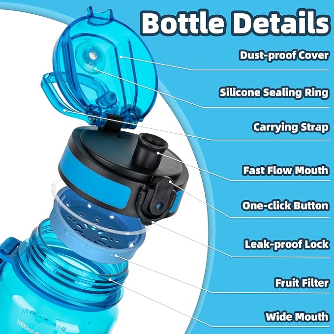 OLDLEY 32 oz Water Bottle, Motivational Water Bottle with Time Marker, Sports Water Bottle With Strap, Leakproof & BPA Free Large Water Bottles for School,Gym,Outdoor, Tritan, Transparent-Blue