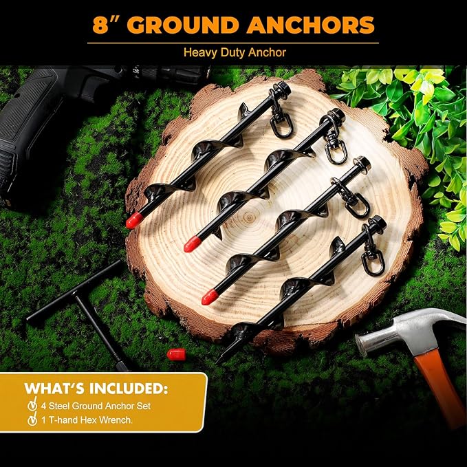 Hiboom Ground Anchor Screw Heavy Duty Earth Anchors Tent Stakes for High Wind with T Handle Hex Wrench Trampoline Hook Ground Stakes for Camping Canopies Car Ports Sheds