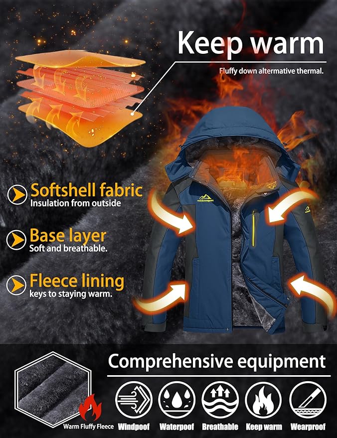 TACVASEN Men's Winter Ski Jacket Waterproof Snow Coats Snowboard Fleece Lining Jacket Warm Parka with Hooded