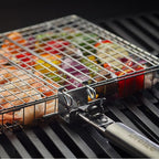 Stainless Steel Large Grill Basket with Removable Handle – 12.25 x 9.5 x 1.5 Inch BBQ Vegetable Basket with Easy Open Lid, Silicone Basting Brush & Scrub Sponge – Outdoor Cooking & Camping Accessory