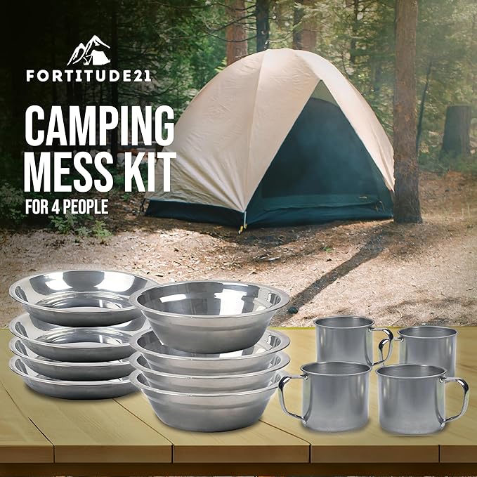 Stainless Steel Camping Mess Kit - Person's Complete Picnic & Camp Dish Set, Includes Plate, Bowl, Cup & Utensils