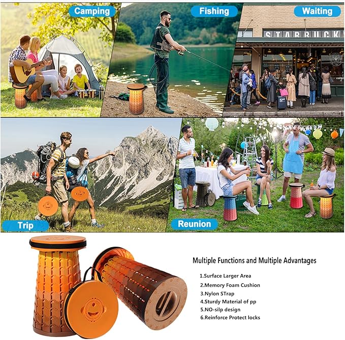 Upgraded 19.7"Portable Collapsible Folding Stool with Cushion Retractable Telescoping Foldable Stool for Adults Heavy Duty Camping Sturdy with Max Load Capacity 1000lbs for Outdoor Fishing Hiking BBQ