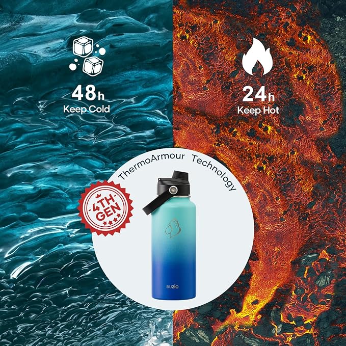 BUZIO Stainless Steel Water Bottle (Cold for 48 Hrs, Hot for 24 Hrs), 32 oz Vacuum Insulated Water Bottle with Straw Lid and Flex Cap (Double Wall, Wide Mouth, BPA Free, Leak Proof), Caribbean Blue