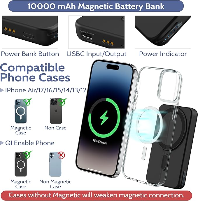 3-in-1 Wireless Charging Station: Portable 10000mAh Power Bank Charger Compatible for Phone Air/17/16/15/14/13/12 Series and Watch - Detachable Magnetic Charging Stand Black