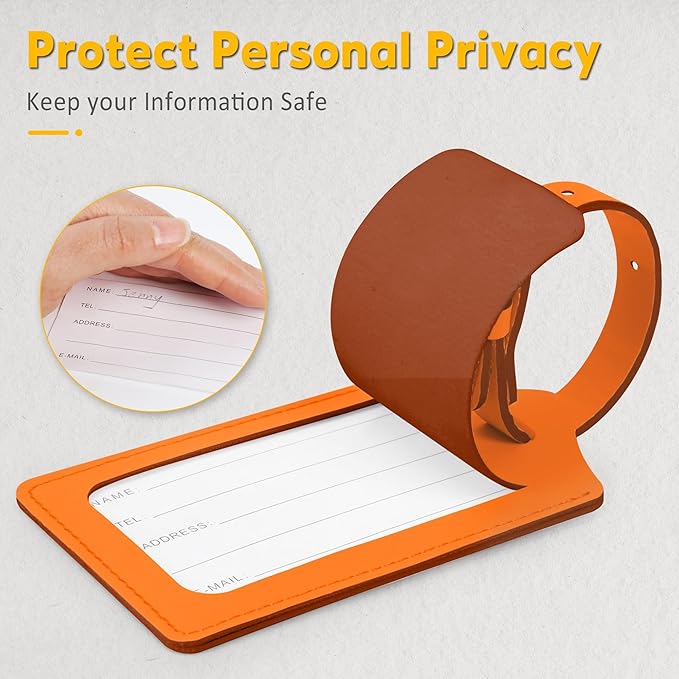 Travelambo Luggage Tags for Suitcases Faux Leather Privacy Protection 6 Pack Bag Tags Travel Accessories Essential, Hot Orange