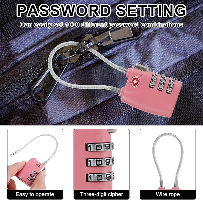 TSA Locks for Luggage TSA Approved Luggage Locks 3 Digit Combination TSA Travel Locks Portable Cable Padlocks Zinc Alloy Body Suitcase Locks for Travel Bag Suitcase Backpack Lockers,Pink