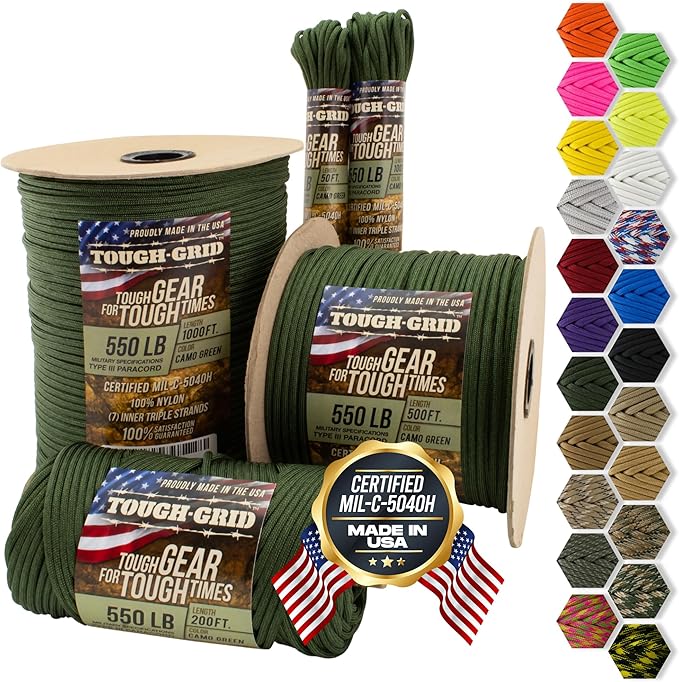 TOUGH-GRID 550 Paracord Rope Nylon Parachute Cord, Made in USA Survival Kit, Outdoor Adventures, Camping, Tactical Gear & Emergency Supplies, Military Type III Mil-Spec