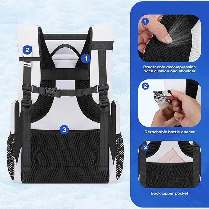 Maelstrom Backpack Cooler,36 Can Cooler Backpack,Soft Cooler Bag Insulated Leakproof,Lightweight Ice Chest Backpack,Travel Cooler Lunch Backpack for Camping,Hiking,Beach,White