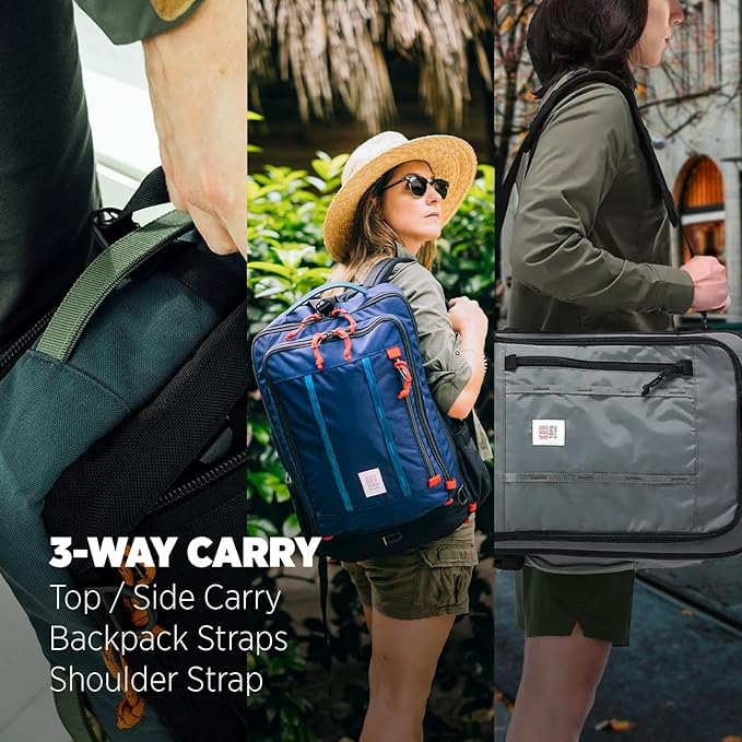 Topo Designs Global Travel Bag – 30L or 40L - Carry-On Compliant Most Airlines, Durable Travel Duffel Bag, Clam Shell Main Pocket, Laptop Sleeve, Backpack, Luggage (40L / Navy/Sahara)