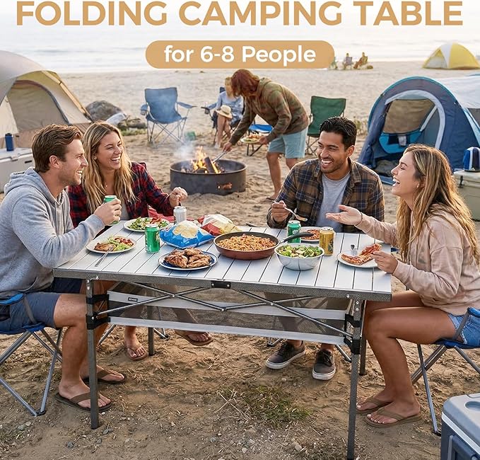 KingCamp Folding Camping Table, Aluminum Roll-Up Camp Table, Large Foldable Table for 6-8 Person, Outdoor Portable Tables with Carry Bag, 180 LBS Heavy Duty Load (Silver+Mesh：53.5" × 27.5")