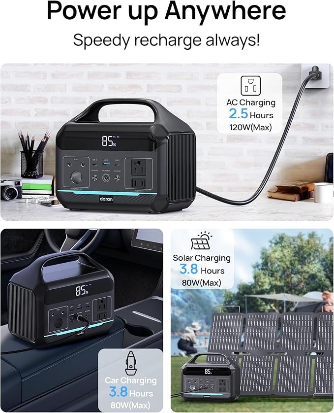 DARAN Portable Power Station 600W(1200W Surge) - 288Wh(90,000mAh) Solar Generator LiFePO4 Battery with AC DC Outlets, 8.3LB Portable Charging Station for Camping, RV, Home, Emergency (Solar Optional)