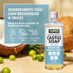 HARRIS Multi-Purpose Pure Liquid Castile Soap for Home Cleaning, Multi-Purpose Cleaner, For Dish Soap, Laundry Detergent, Kitchen and Bathroom Surfaces, Kids Rooms, Unscented, 32 Oz