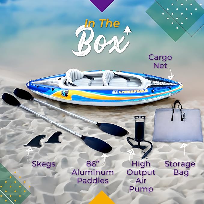 Sunlite Sports 2-Person Inflatable Kayak with Aluminum Oars (136" x 33"), High Output Air Pump and Storage Bag, Double Tandem Kayak for Adults, Two Person Canoe and Kayak, Good for Lakes and Rivers