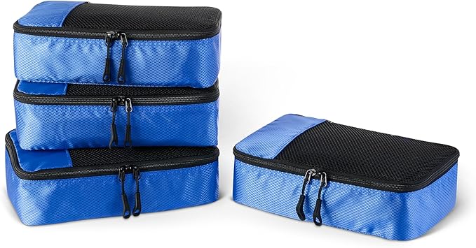 Amazon Essentials 4-Piece Packing Cubes Travel Accessories Set, Luggage Organizer with Double Zipper, Mesh Top, 100% Polyester, Small/Medium/Large/Slim, Blue (Previously Amazon Basics)