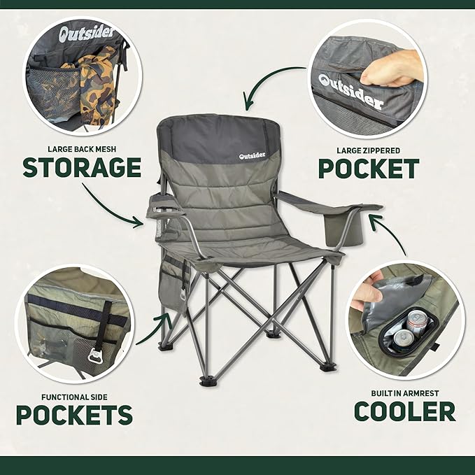OUTSIDER Oversized Camping Folding Chair, Heavy Duty 500 LBS Portable Foldable Outdoor Chair Camp Chair with Cup Holder and Cooler Bag for Camping, Travel,Fishing, Lawn, Patio