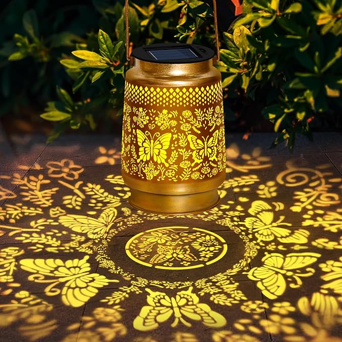 2 Pack Butterfly Solar Lanterns Outdoor Waterproof Hanging,Metal Solar Garden Lanterns for Yard Patio Pathway Lawn Front Porch,Birthday Gifts for Mom Woman Grandma