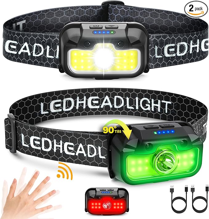 2 Pack Headlamp Rechargeable, 1300 Lumen Lightweight Bright with White Green Red Headlamp Flashlight, Waterproof Motion Sensor Head Lamp,14 Modes for Outdoor Camping Running Cycling
