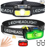 2 Pack Headlamp Rechargeable, 1300 Lumen Lightweight Bright with White Green Red Headlamp Flashlight, Waterproof Motion Sensor Head Lamp,14 Modes for Outdoor Camping Running Cycling