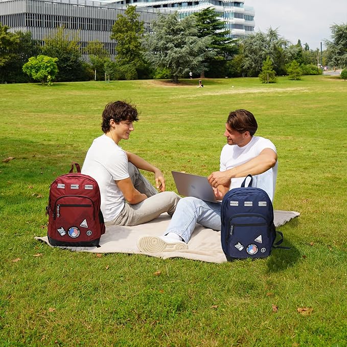 Swissdigital Design Big Student Laptop Backpack with Fun Personalized Patches For College Men & Women, Middle High School Teen Bookbag Cool Travel Daypack Blue -Includes 3 Patches | SD1718-12