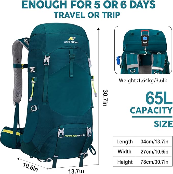 N NEVO RHINO Internal Frame Hiking Backpack 50/60/65/70/80L, Mountain Climbing Camping Backpack Daypack Waterproof Rain Cover