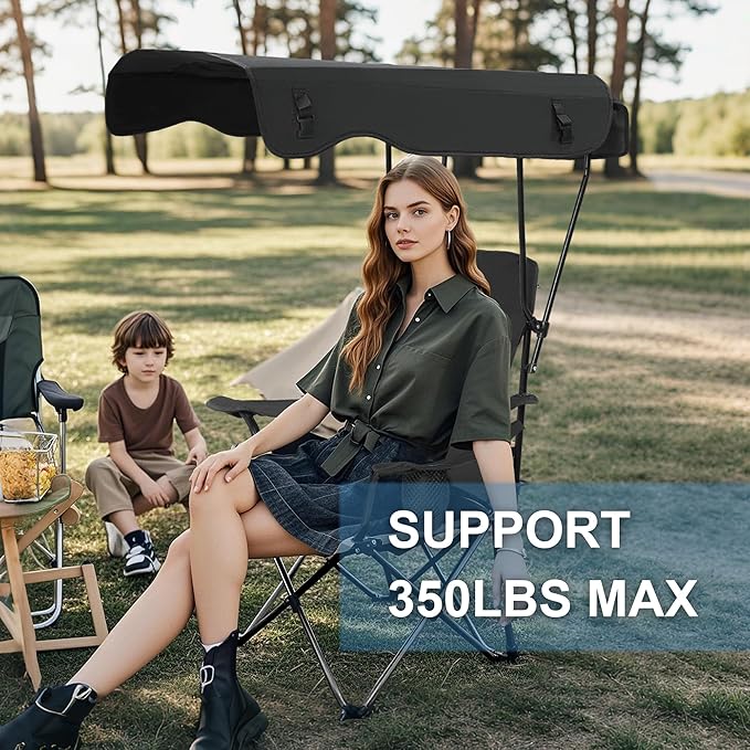 Folding Camping Chair with Canopy, Portable Outdoor Beach Chair for Fishing, BBQ, Picnic, Backyard, Lightweight Sun Shade Chair with Cup Holder, Black