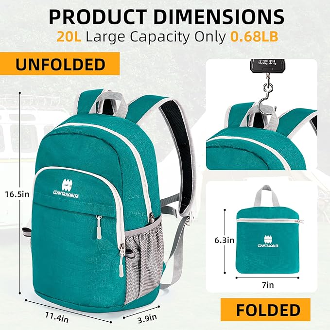 Lightweight Packable Small Hiking Backpack for Women Men - 20L Waterproof Foldable Daypack for Travel, Hiking, and Daily Use, Adjustable Chest Strap, Durable Nylon, Green