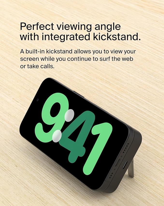 Belkin Portable Charger, Wireless Power Bank 15W 10000 mAh w/ Qi2, MagSafe Charger + Built-in Pop-up Kickstand - iPhone 17, Air, Pro, Pro Max, AirPods, Apple Watch, Google Pixel 10, etc. - Black