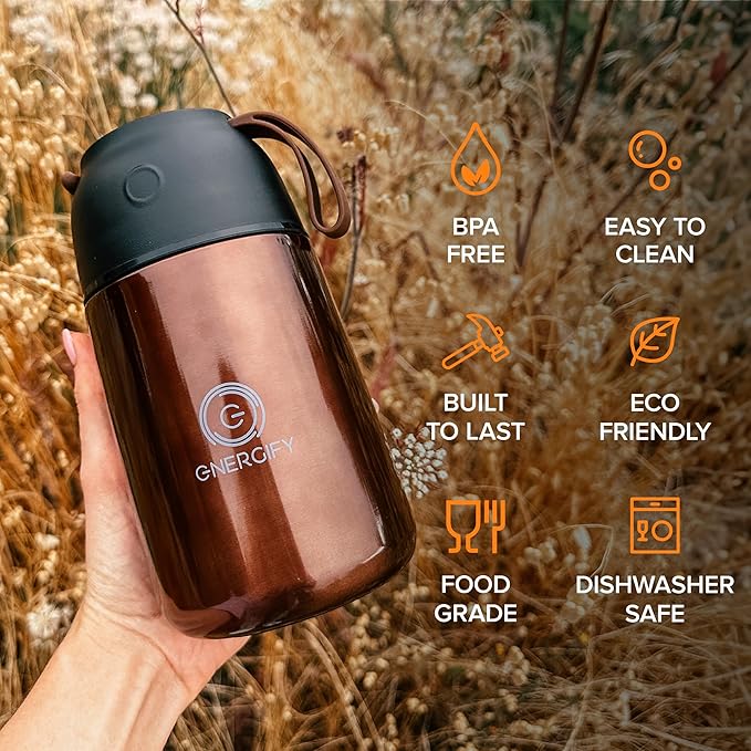 ENERGIFY Vacuum Insulated Food Jar. Large 24oz Bowl incl. Folding Spoon, Cup. Wide Mouth Keep Hot & Cold Drinks Soup Lunch Container for Adults. BPA-Free Stainless Steel, Leak Proof Red Mahogany