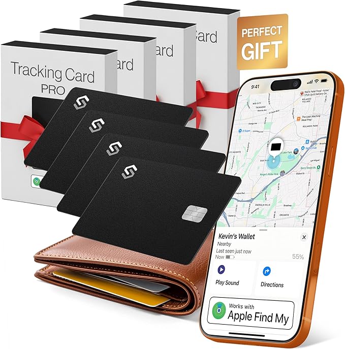 SPOTMINDERS Apple MFi Certified Credit Card Wallet Tracker PRO 4-Pack (iOS Only) Works with Apple Find My Rechargeable Tracking Card for Wallet IP68 0.07in Slim iPhone Item Finder for Luggage or Purse