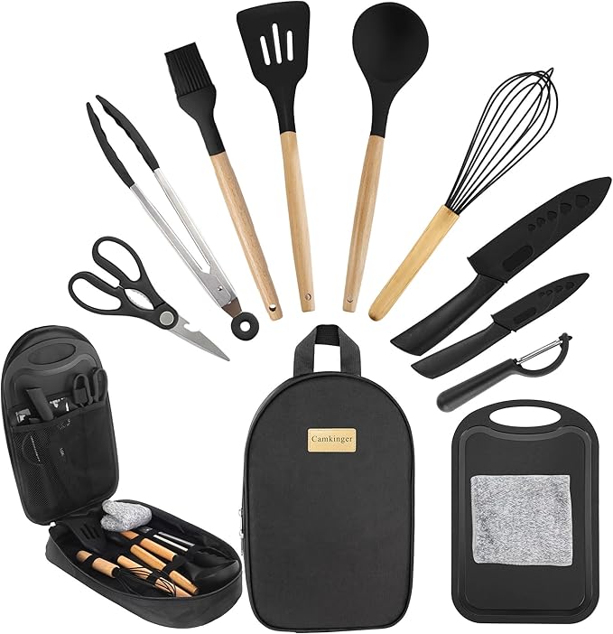 Camping Accessories Kitchen Cooking Utensils Set - Portable Outdoor Camp Cookware Set, Silicone Camper Essentials Gear Must Have Supplies for Travel RV BBQ Grill Picnic Hiking